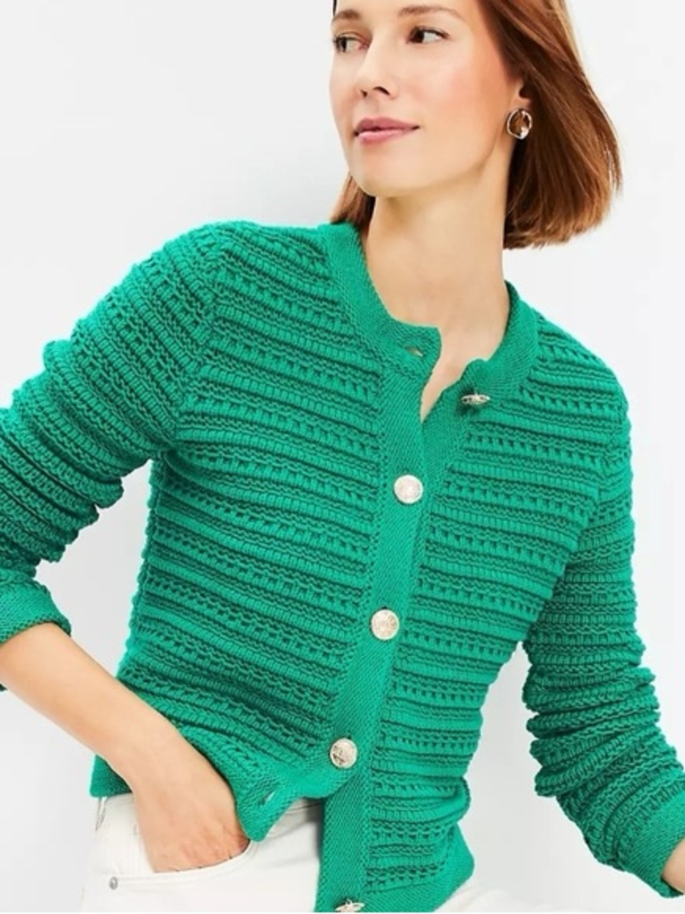 LOFT Green Sweater Jacket with Textured Knit Small